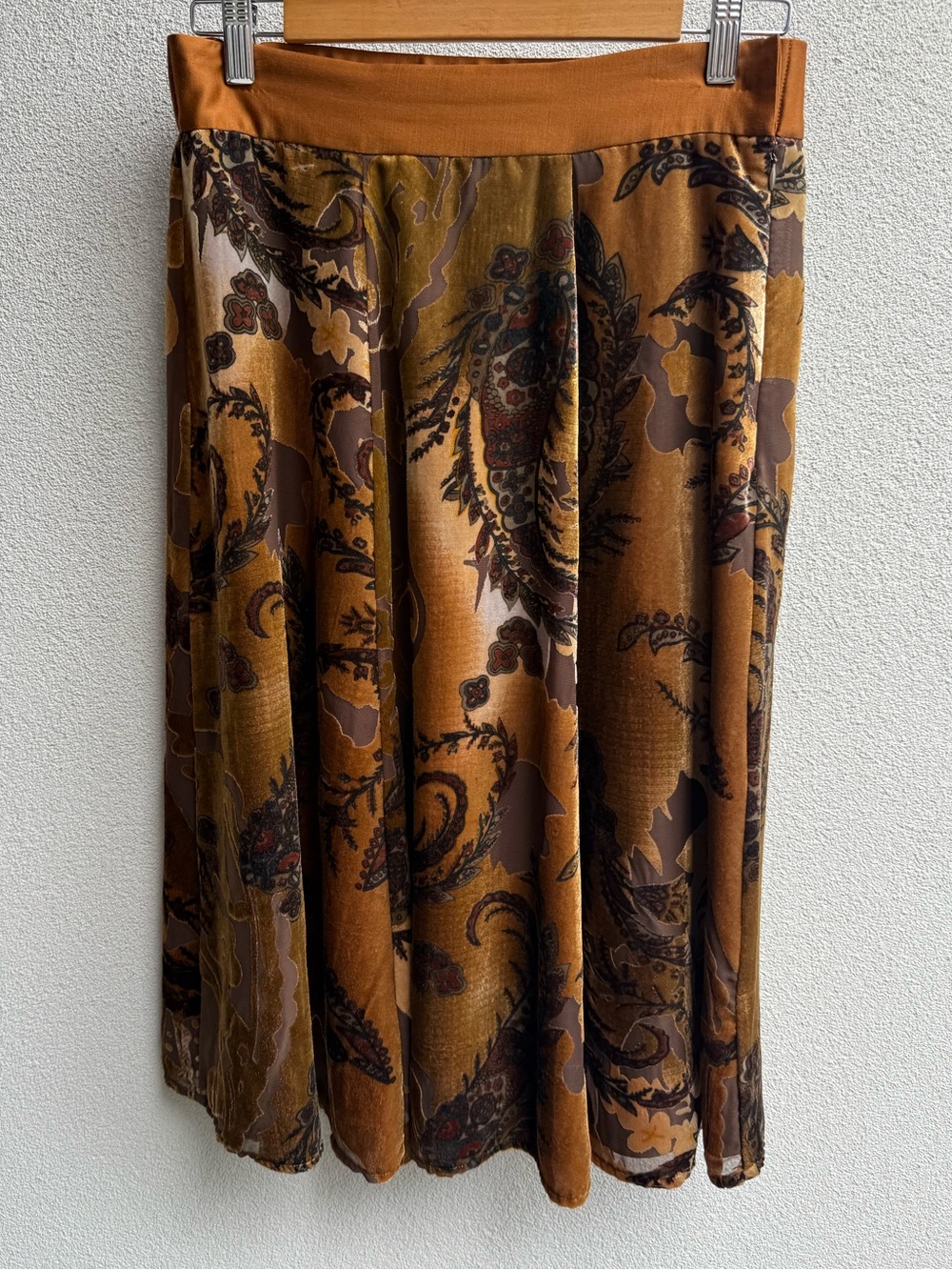 Coldwater Creek Skirt Brown Velvet Burnout Midi Skirt Flare Lined Boho Size PS